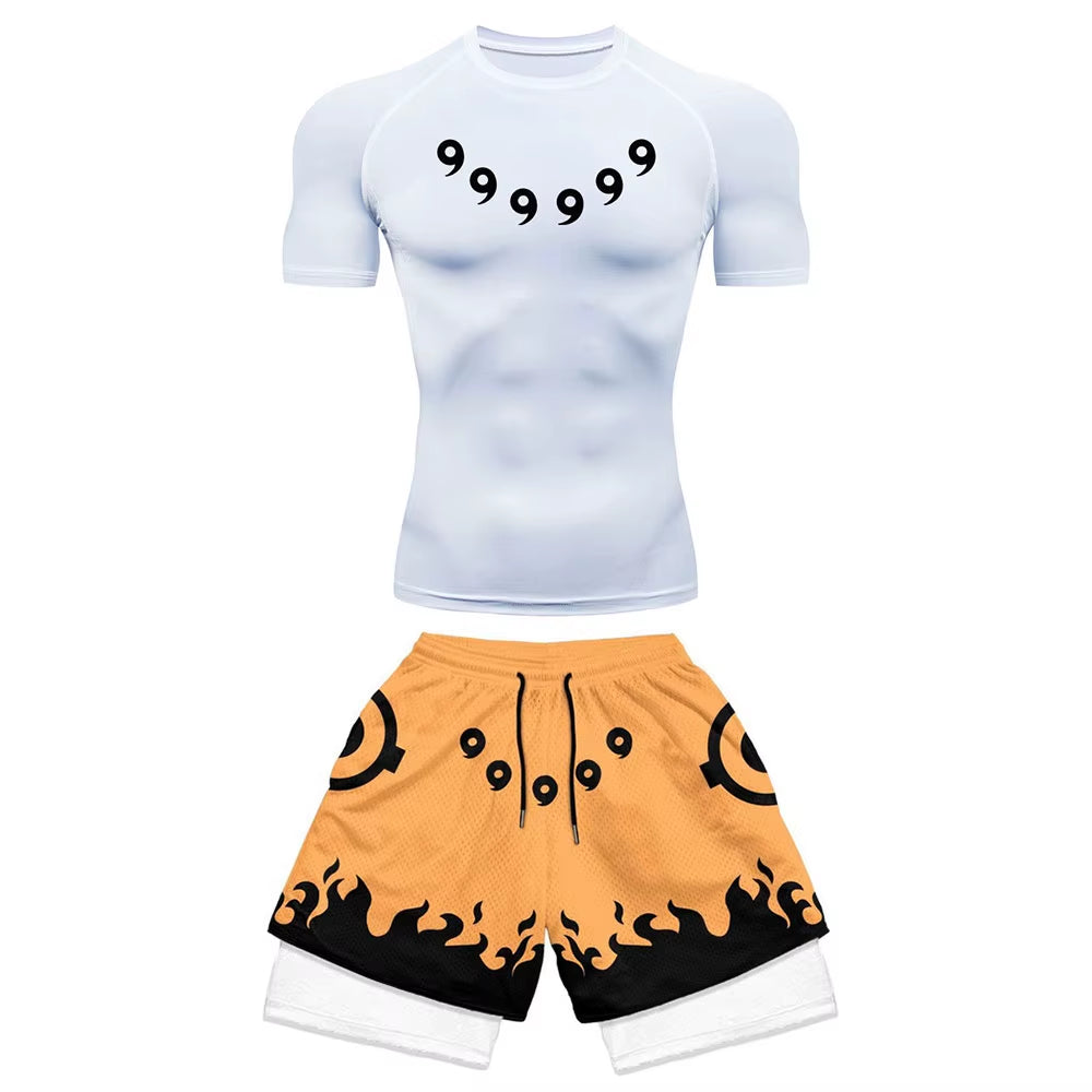 Anime Compression Set Running Sport Fitness Suit for Men Quick Dry Compression Shirt+Gym Shorts 2PCS Workout Summer Sportwear
