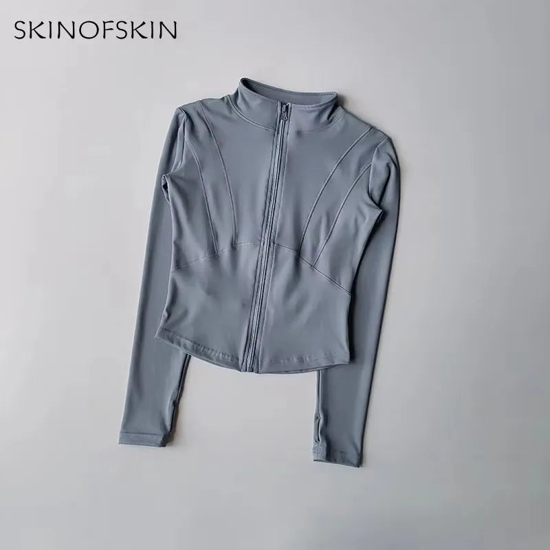 Ropa deportiva de exterior de manga larga para mujer, ropa de yoga ajustada, cárdigan con cremallera de secado rápido, chaqueta de cuello alto, chaqueta para correr y fitness.
