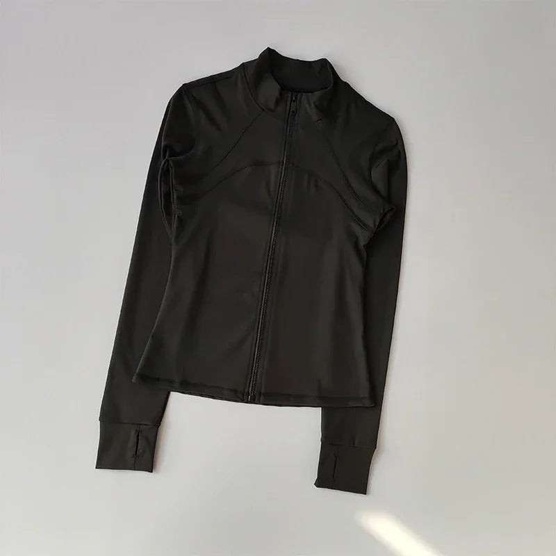 Ropa deportiva de exterior de manga larga para mujer, ropa de yoga ajustada, cárdigan con cremallera de secado rápido, chaqueta de cuello alto, chaqueta para correr y fitness.