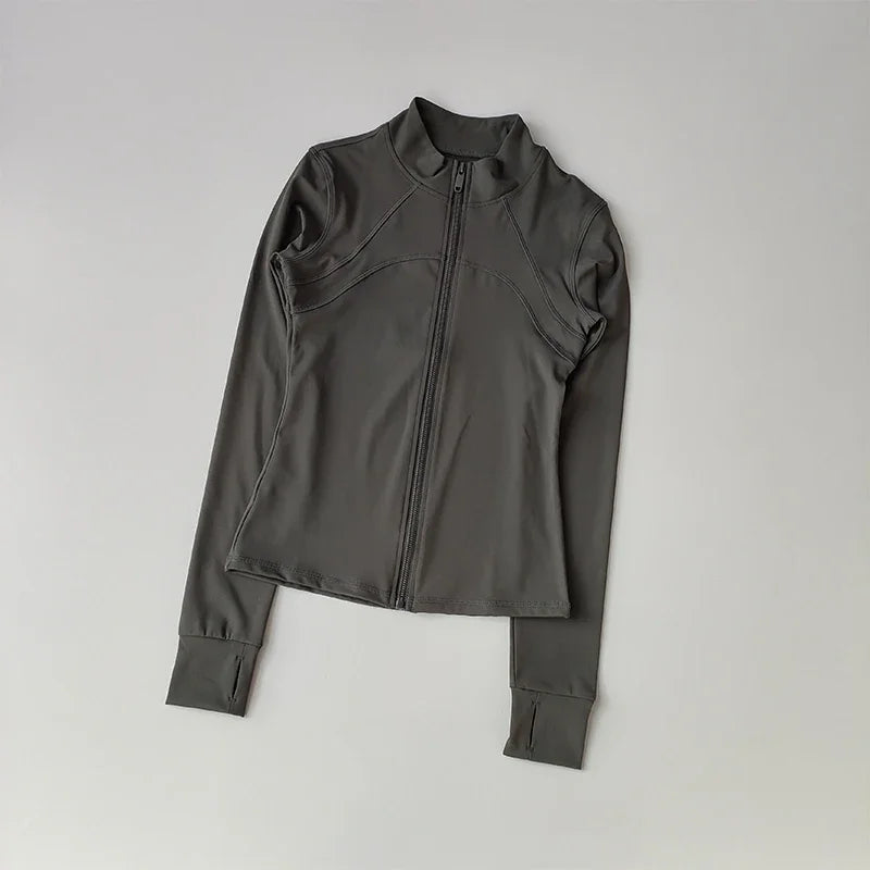 Ropa deportiva de exterior de manga larga para mujer, ropa de yoga ajustada, cárdigan con cremallera de secado rápido, chaqueta de cuello alto, chaqueta para correr y fitness.