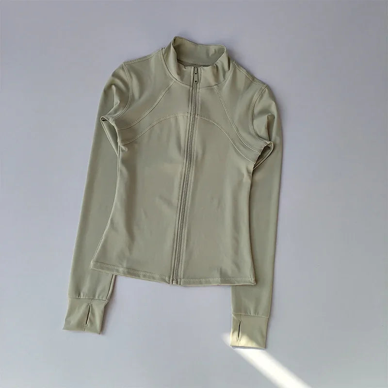 Ropa deportiva de exterior de manga larga para mujer, ropa de yoga ajustada, cárdigan con cremallera de secado rápido, chaqueta de cuello alto, chaqueta para correr y fitness.