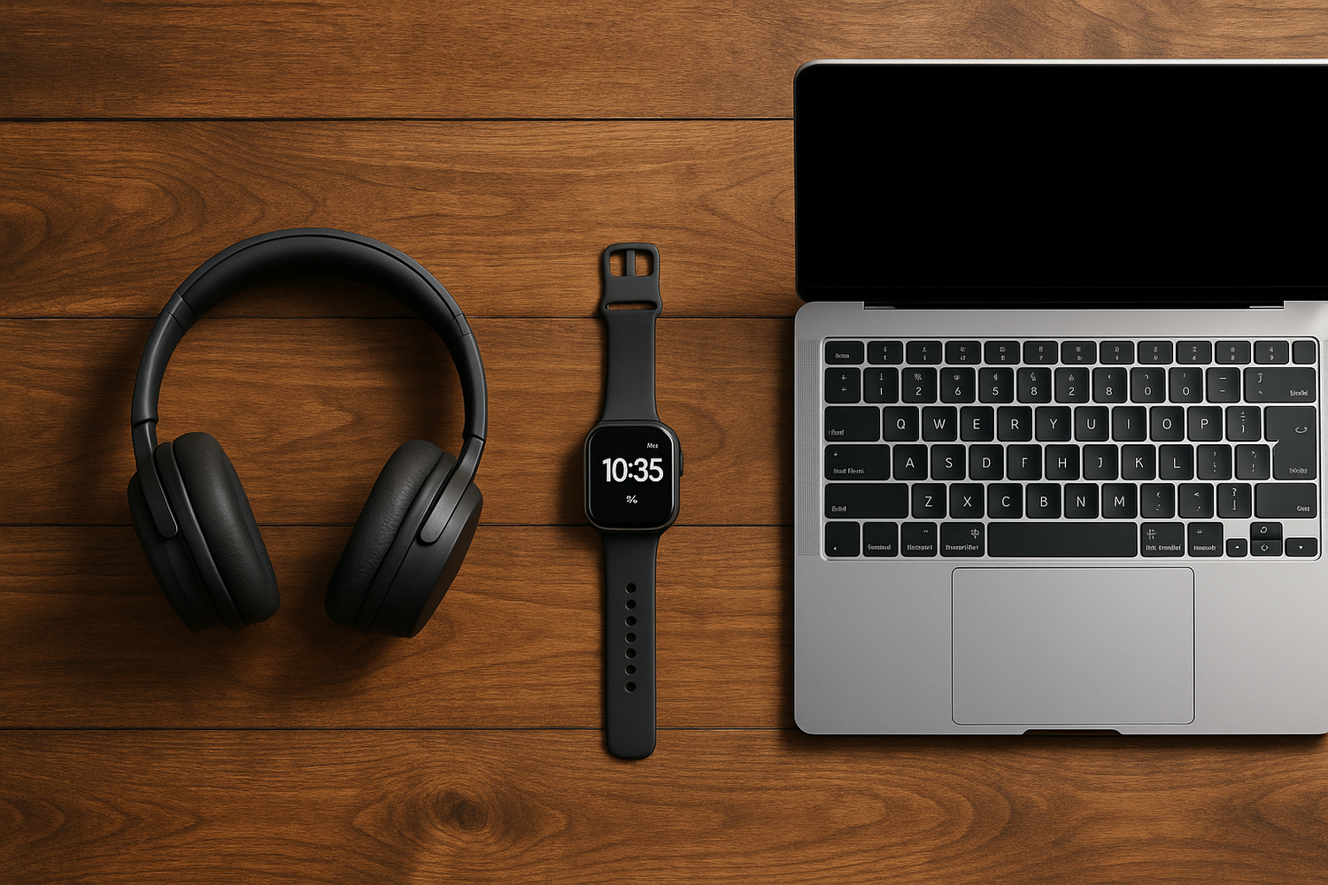 auriculares, smartwatch o laptop en una mesa de madera que la foto se vea desde arriba