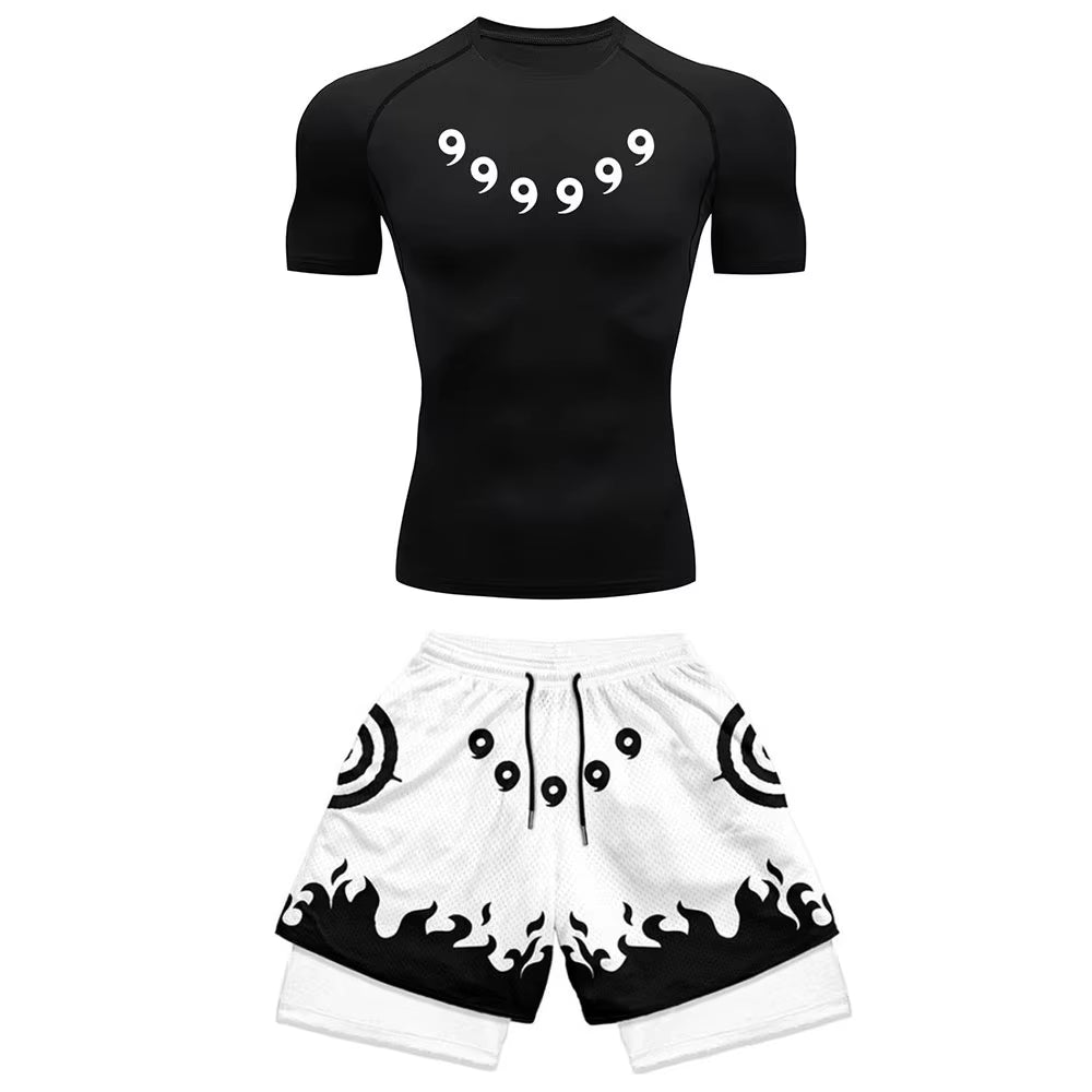 Anime Compression Set Running Sport Fitness Suit for Men Quick Dry Compression Shirt+Gym Shorts 2PCS Workout Summer Sportwear