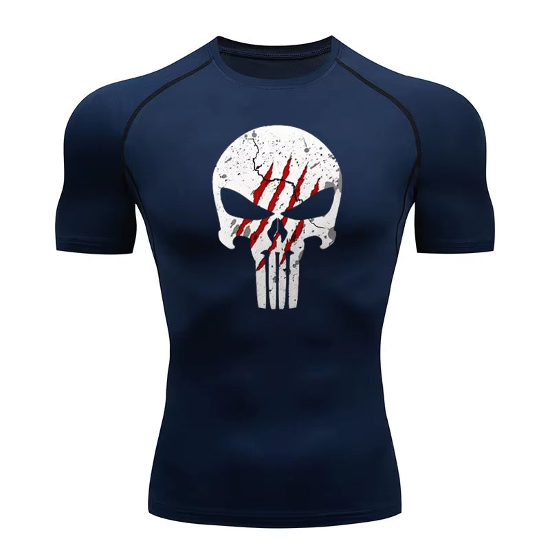 High Quality Sports Tops Men'S Running T-Shirt Skull Fitness Short-Sleeved Quick-Drying Compression Shirt Bodybuilding T-Shirt