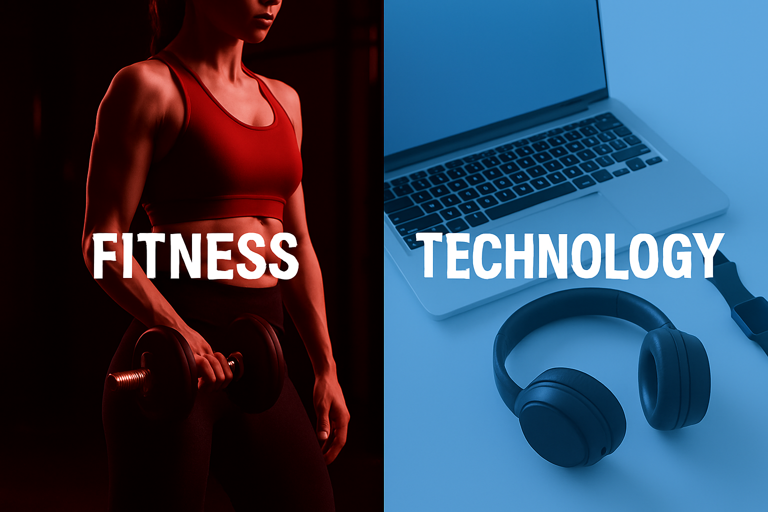Lado izquierdo (Fitness, color rojo):
Fondo: foto de alguien entrenando con pesas o con ropa deportiva ajustada, en un gimnasio con luz tenue.
Encima: una capa semitransparente roja (#FF3131 con opacidad 70%) para que resalte el texto.
Lado derecho (Tecnología, color azul):
Fondo: una laptop abierta o un set de gadgets (audífonos, smartwatch) sobre un escritorio limpio.
Encima: capa semitransparente azul (#2D9CDB con opacidad 70%).