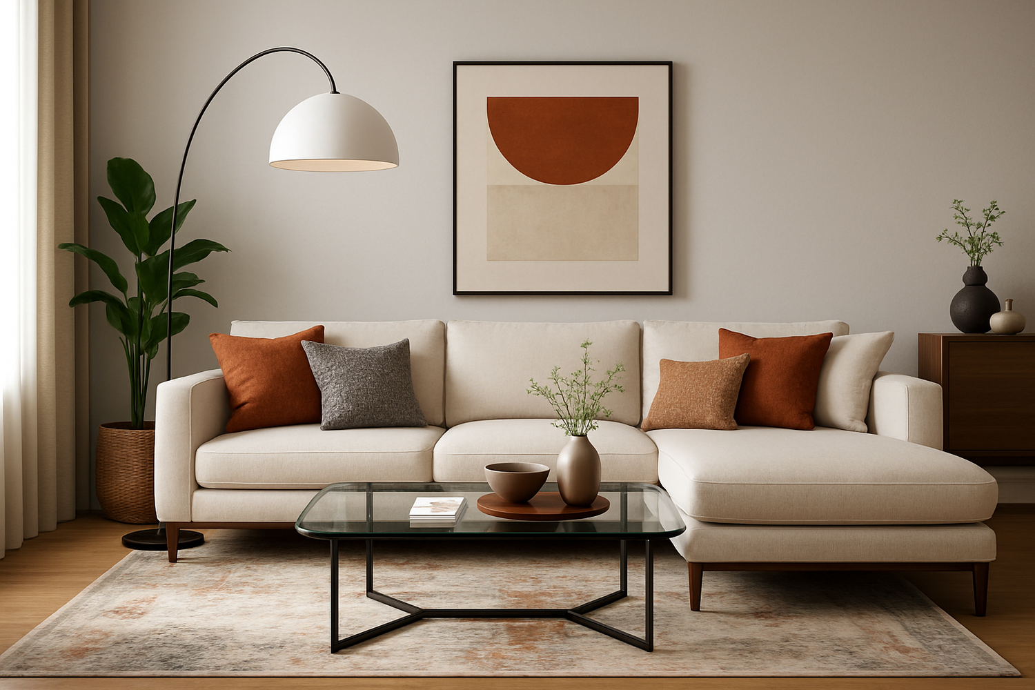 sala moderna con lámpara y decoración realista