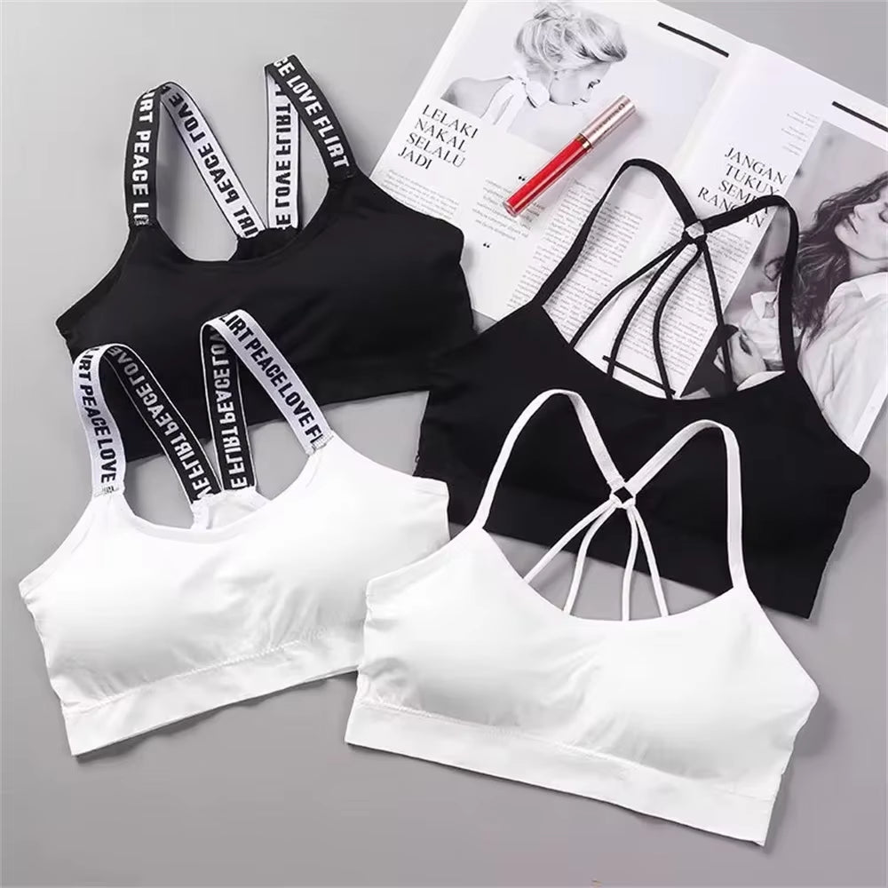 Letter Strap Back Underwear Women without Underwire Integrated with Chest Cushion Back Heart Strap Women Wrap Chest Fitness Yoga