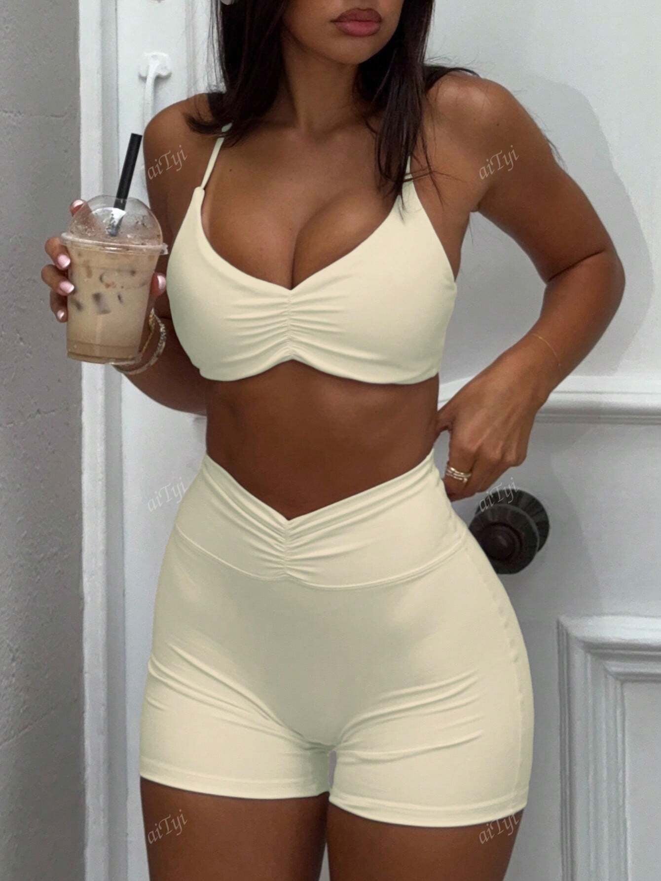 2Pcs Women Fashion Sexy Comfortable Marled Color Activewear Matching Set, Athleisure Style