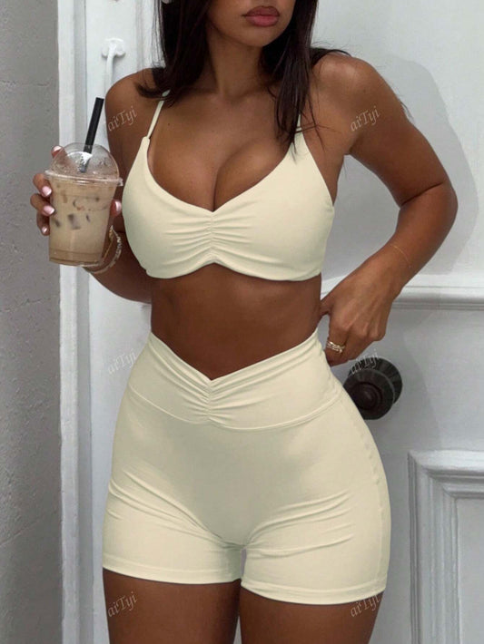 2Pcs Women Fashion Sexy Comfortable Marled Color Activewear Matching Set, Athleisure Style