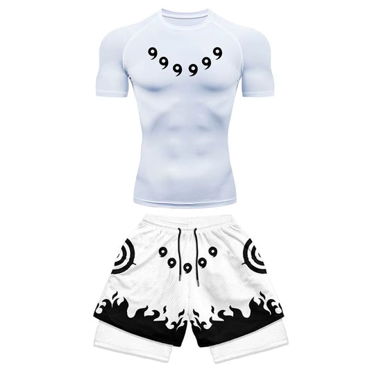 Anime Compression Set Running Sport Fitness Suit for Men Quick Dry Compression Shirt+Gym Shorts 2PCS Workout Summer Sportwear