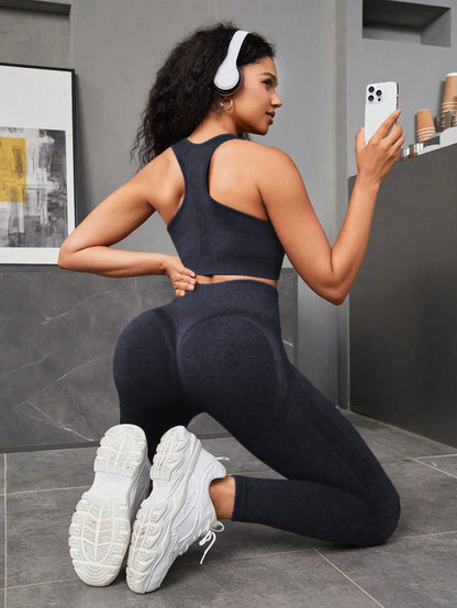 Seamluxe  Sport Solid Color Vest and Leggings Sports Set Gym Clothes Workout Women Set Women Leggings Set Gym Women Outfit