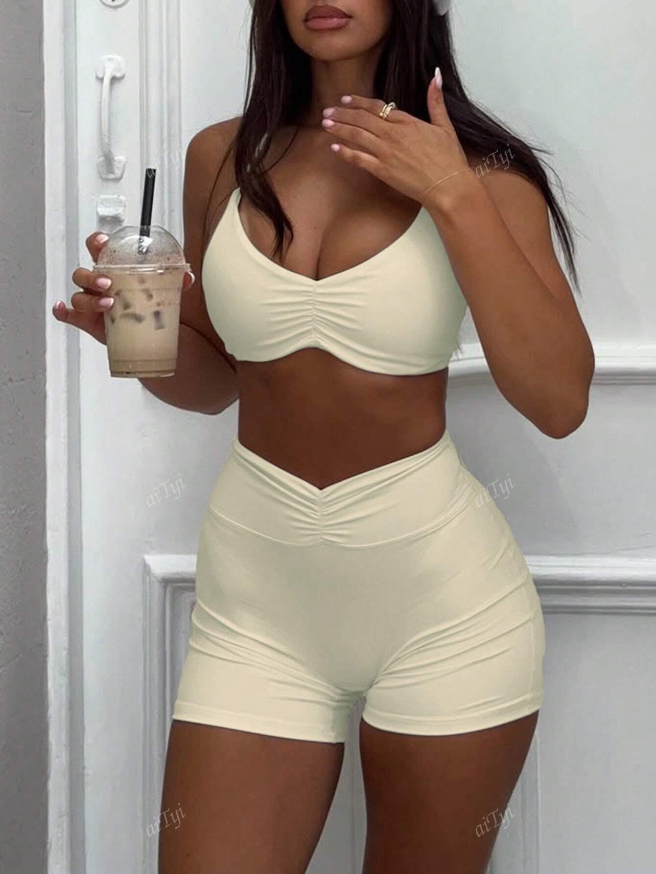 2Pcs Women Fashion Sexy Comfortable Marled Color Activewear Matching Set, Athleisure Style