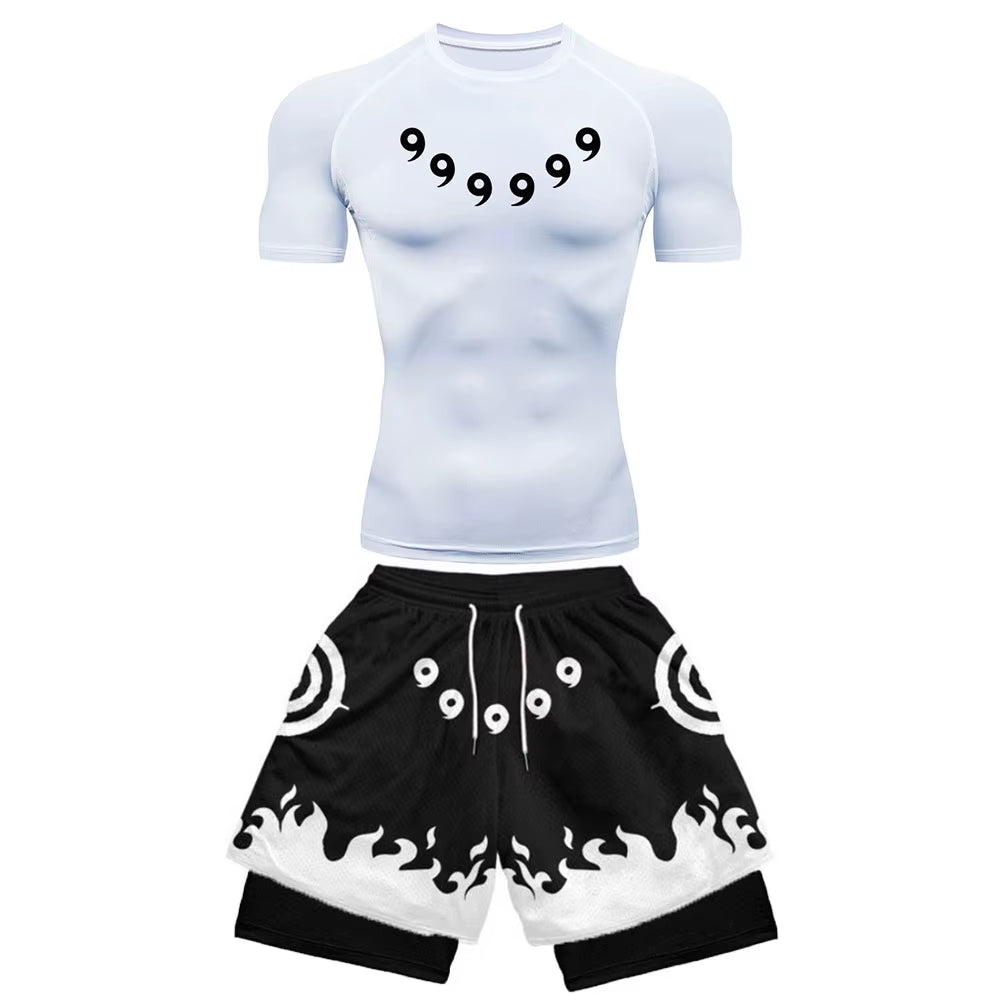 Anime Compression Set Running Sport Fitness Suit for Men Quick Dry Compression Shirt+Gym Shorts 2PCS Workout Summer Sportwear