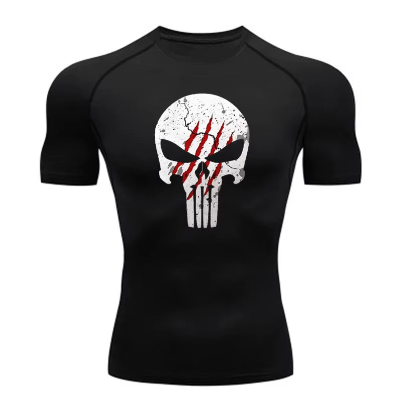 High Quality Sports Tops Men'S Running T-Shirt Skull Fitness Short-Sleeved Quick-Drying Compression Shirt Bodybuilding T-Shirt