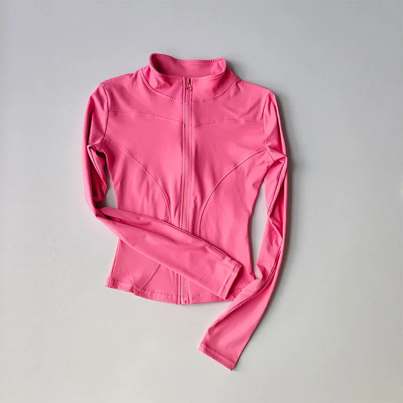 Ropa deportiva de exterior de manga larga para mujer, ropa de yoga ajustada, cárdigan con cremallera de secado rápido, chaqueta de cuello alto, chaqueta para correr y fitness.