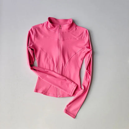 Ropa deportiva de exterior de manga larga para mujer, ropa de yoga ajustada, cárdigan con cremallera de secado rápido, chaqueta de cuello alto, chaqueta para correr y fitness.