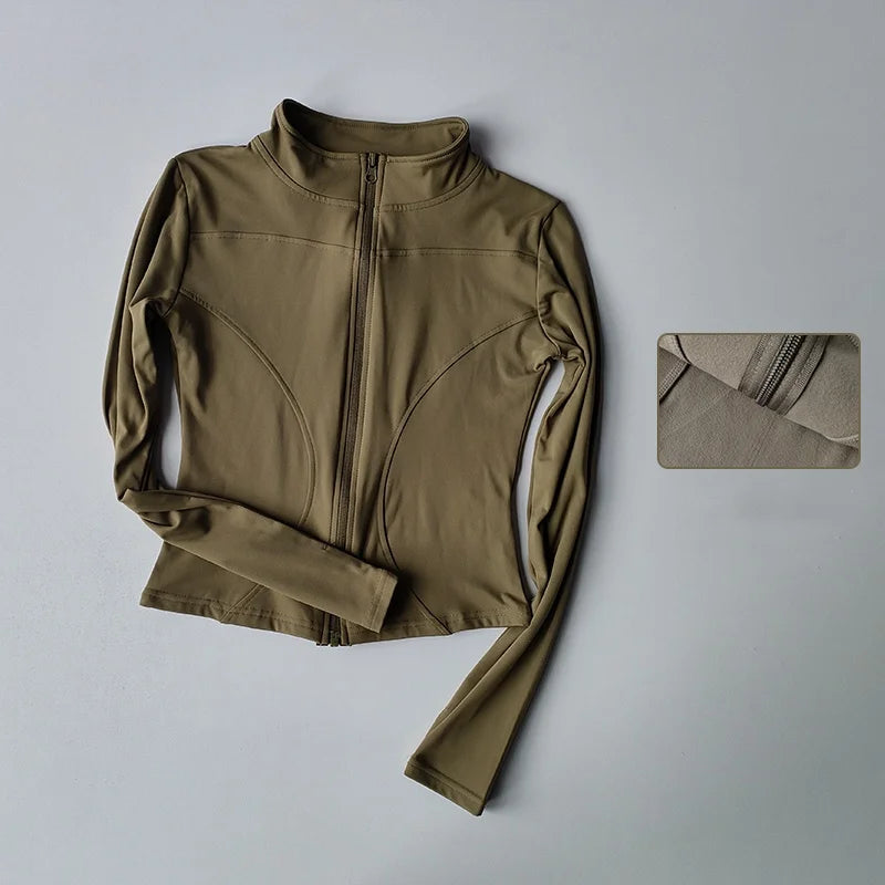 Ropa deportiva de exterior de manga larga para mujer, ropa de yoga ajustada, cárdigan con cremallera de secado rápido, chaqueta de cuello alto, chaqueta para correr y fitness.