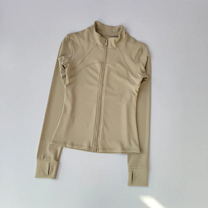 Ropa deportiva de exterior de manga larga para mujer, ropa de yoga ajustada, cárdigan con cremallera de secado rápido, chaqueta de cuello alto, chaqueta para correr y fitness.