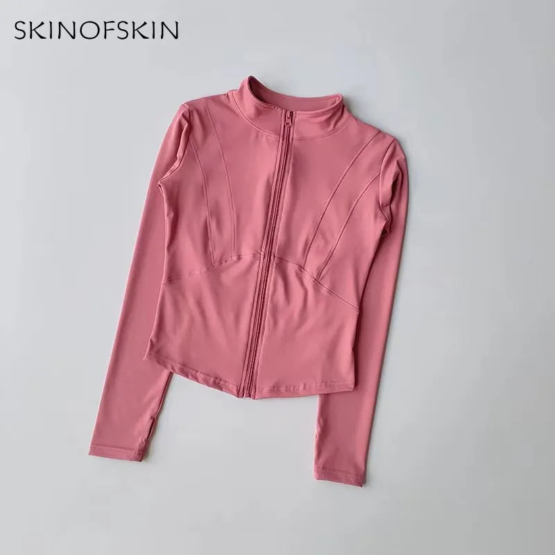 Ropa deportiva de exterior de manga larga para mujer, ropa de yoga ajustada, cárdigan con cremallera de secado rápido, chaqueta de cuello alto, chaqueta para correr y fitness.