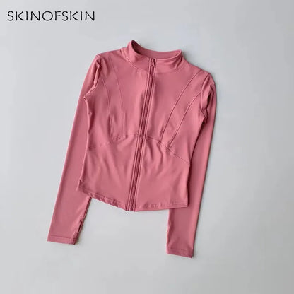 Ropa deportiva de exterior de manga larga para mujer, ropa de yoga ajustada, cárdigan con cremallera de secado rápido, chaqueta de cuello alto, chaqueta para correr y fitness.