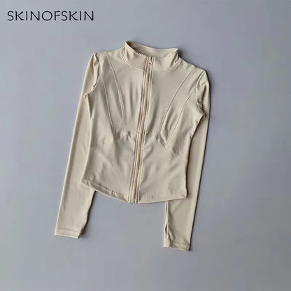 Ropa deportiva de exterior de manga larga para mujer, ropa de yoga ajustada, cárdigan con cremallera de secado rápido, chaqueta de cuello alto, chaqueta para correr y fitness.