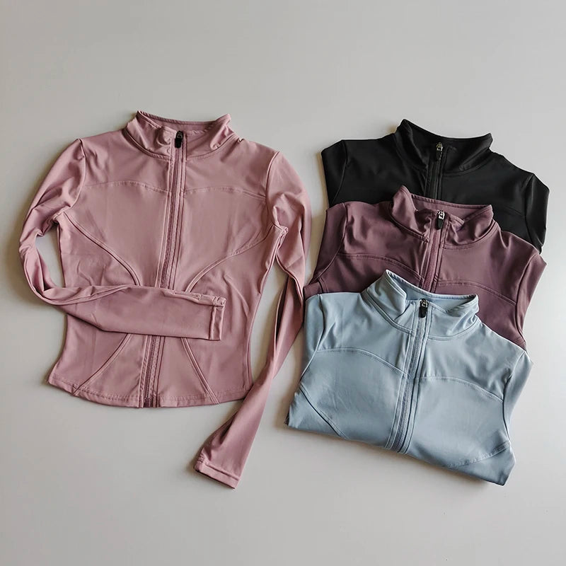 Ropa deportiva de exterior de manga larga para mujer, ropa de yoga ajustada, cárdigan con cremallera de secado rápido, chaqueta de cuello alto, chaqueta para correr y fitness.