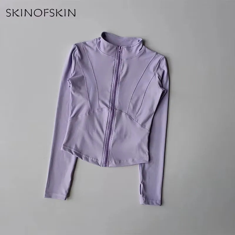 Ropa deportiva de exterior de manga larga para mujer, ropa de yoga ajustada, cárdigan con cremallera de secado rápido, chaqueta de cuello alto, chaqueta para correr y fitness.
