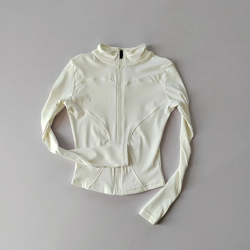 Ropa deportiva de exterior de manga larga para mujer, ropa de yoga ajustada, cárdigan con cremallera de secado rápido, chaqueta de cuello alto, chaqueta para correr y fitness.