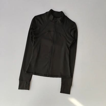 Ropa deportiva de exterior de manga larga para mujer, ropa de yoga ajustada, cárdigan con cremallera de secado rápido, chaqueta de cuello alto, chaqueta para correr y fitness.