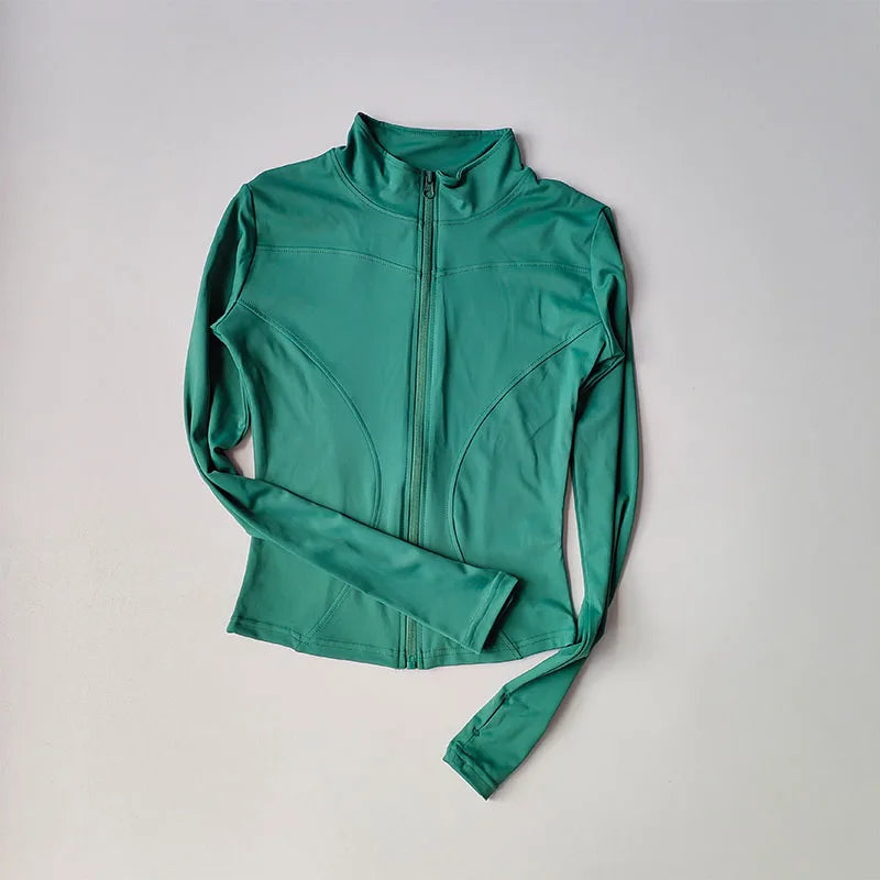 Ropa deportiva de exterior de manga larga para mujer, ropa de yoga ajustada, cárdigan con cremallera de secado rápido, chaqueta de cuello alto, chaqueta para correr y fitness.