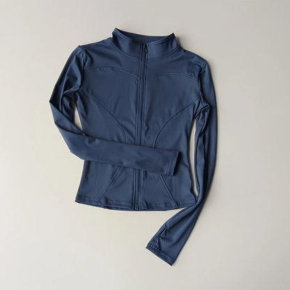 Ropa deportiva de exterior de manga larga para mujer, ropa de yoga ajustada, cárdigan con cremallera de secado rápido, chaqueta de cuello alto, chaqueta para correr y fitness.