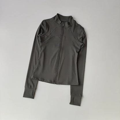Ropa deportiva de exterior de manga larga para mujer, ropa de yoga ajustada, cárdigan con cremallera de secado rápido, chaqueta de cuello alto, chaqueta para correr y fitness.